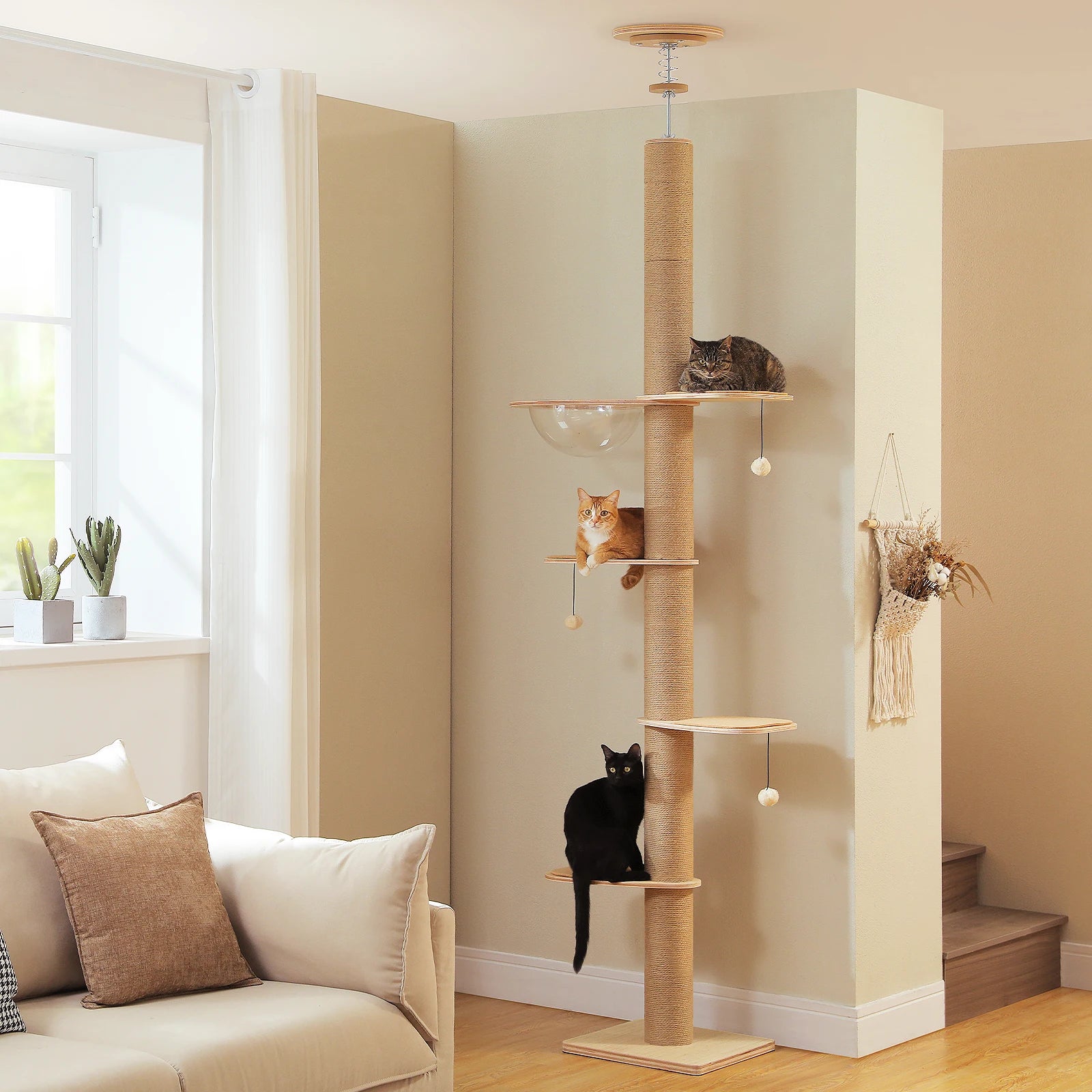 Floor to Ceiling Cat Tree in living room for indoor cats