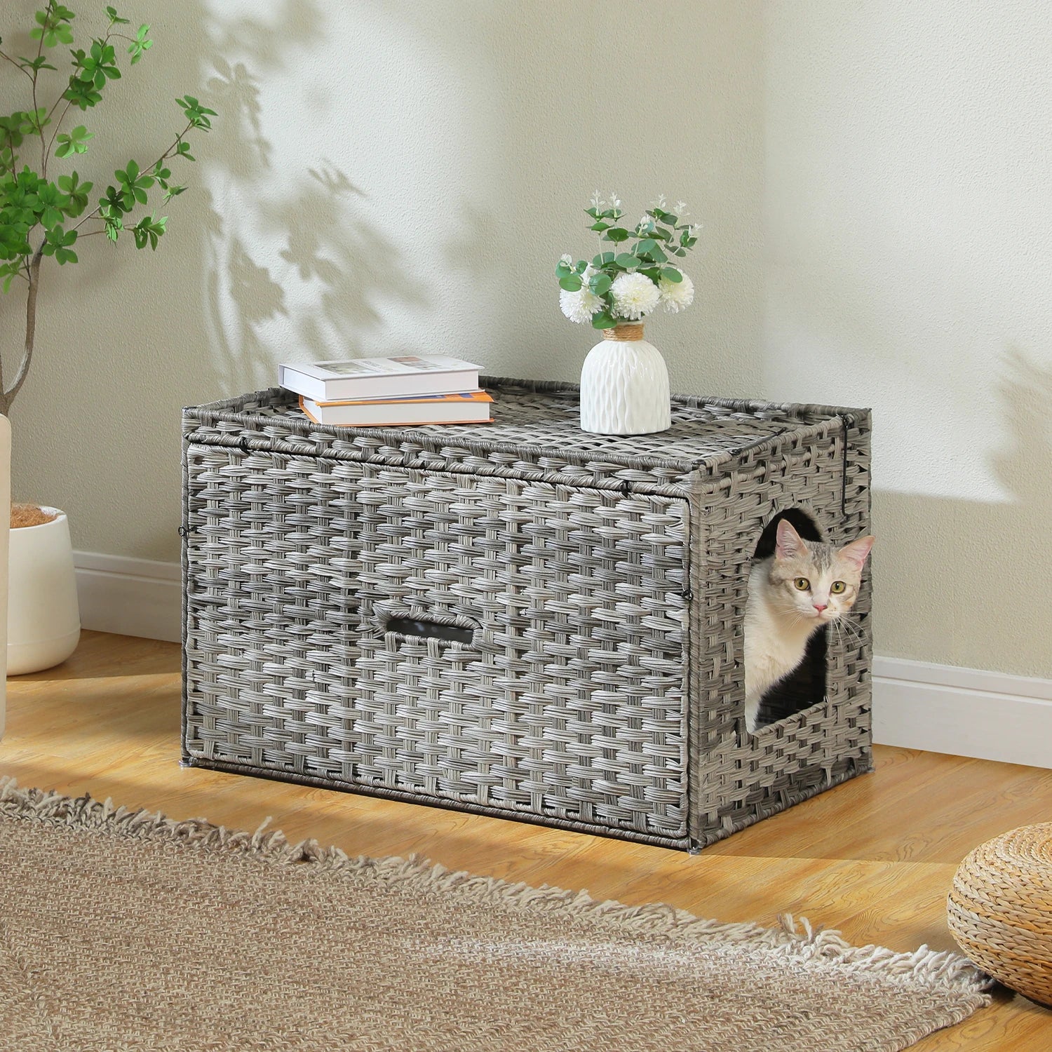 Rattan Cat Litter Box Enclosure in living room