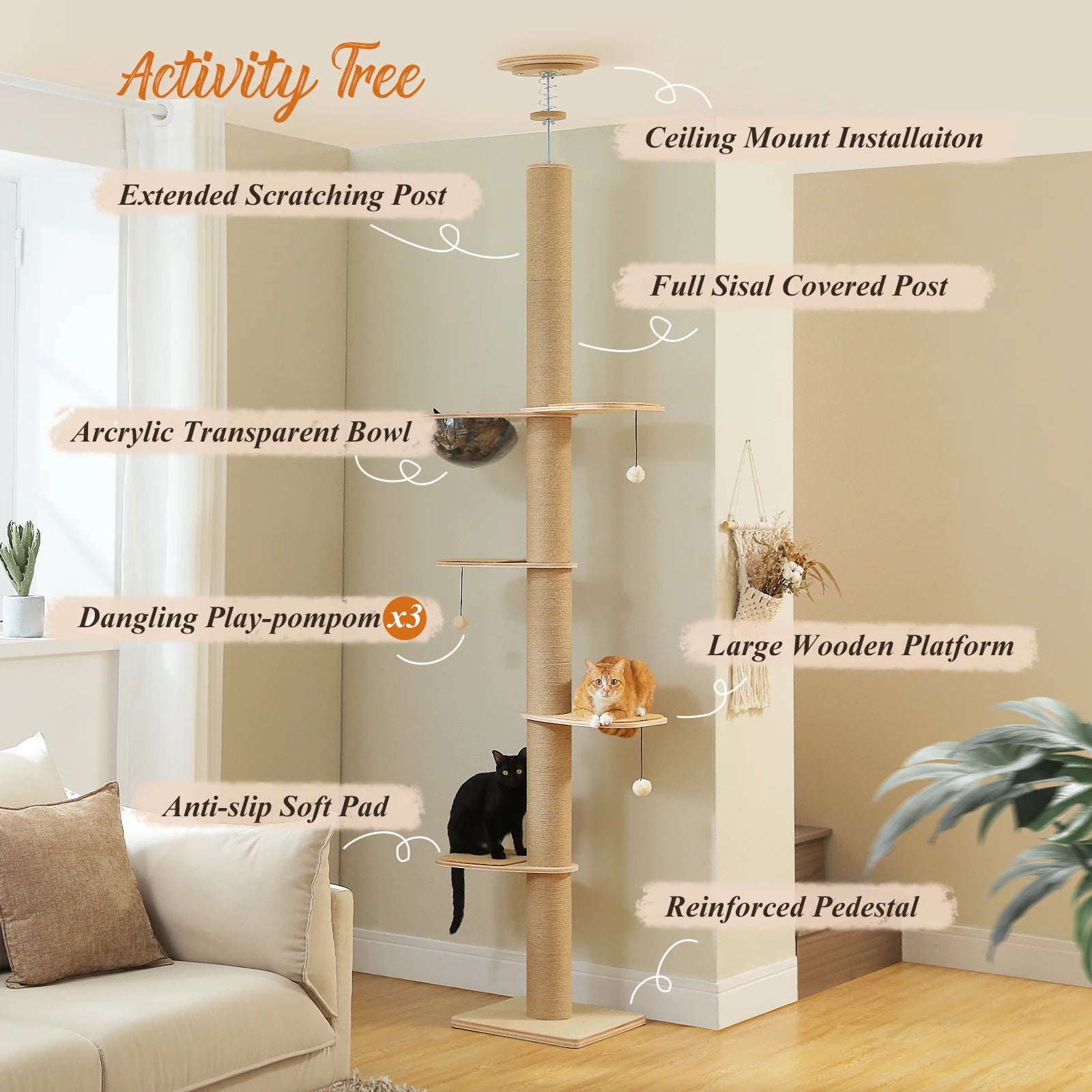 Floor to Ceiling Cat Tree in living room for indoor cats 2