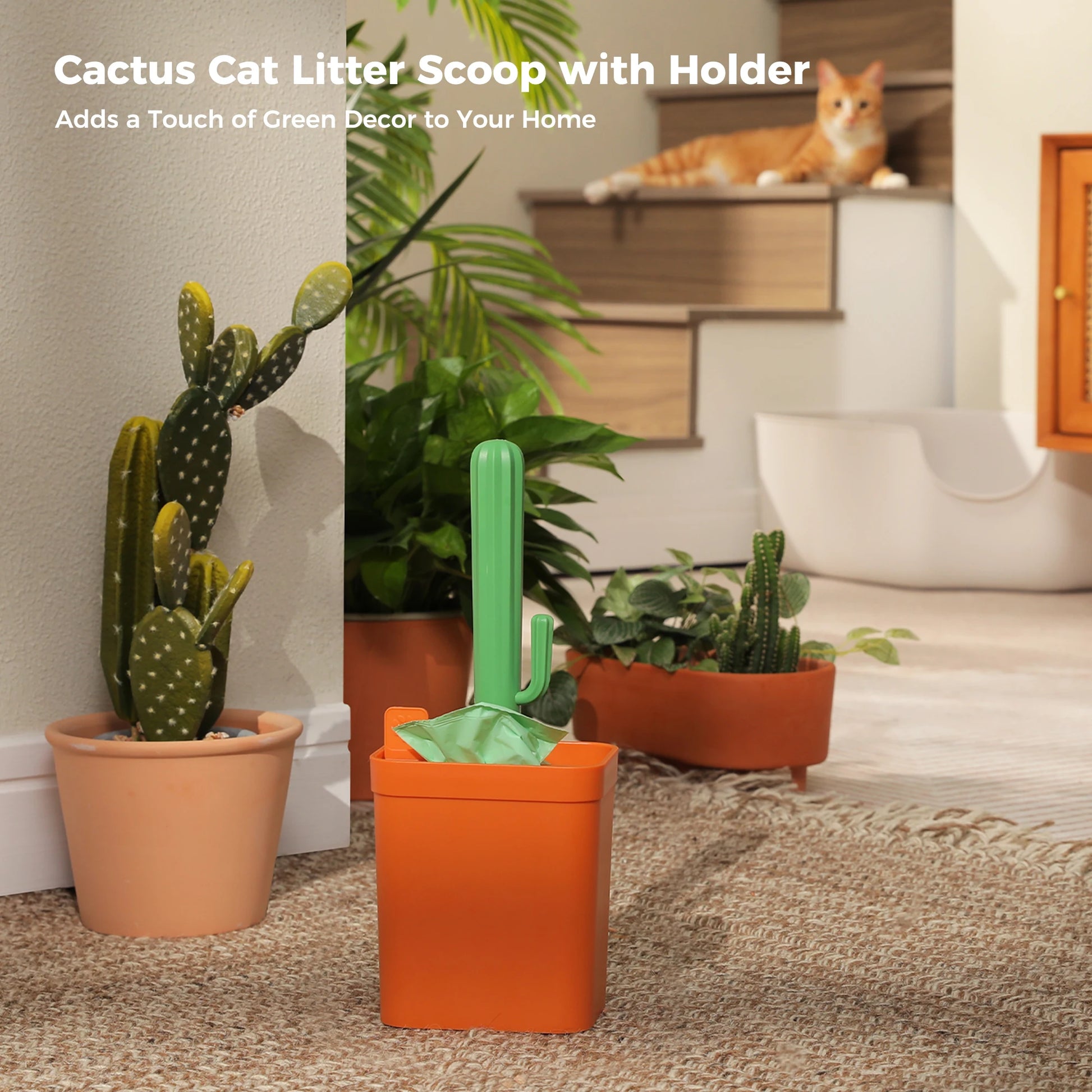 Cactus Cat Litter Scooper with holder on floor