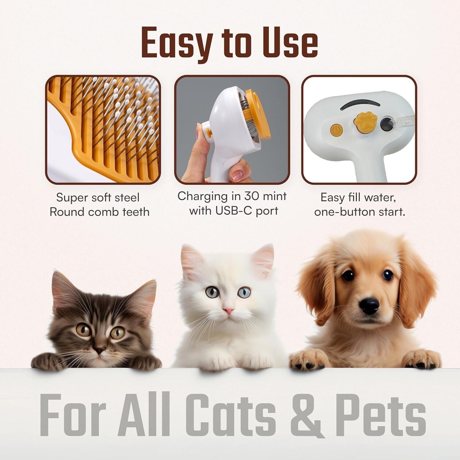 Rechargeable Steam Cat Grooming Brush self-cleaning